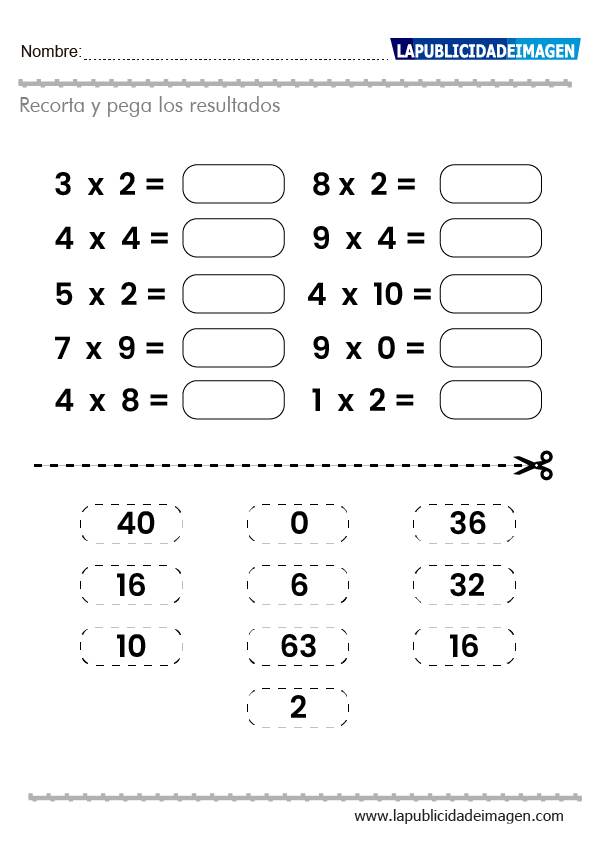 Actividades de recortar de tablas de multiplicar
